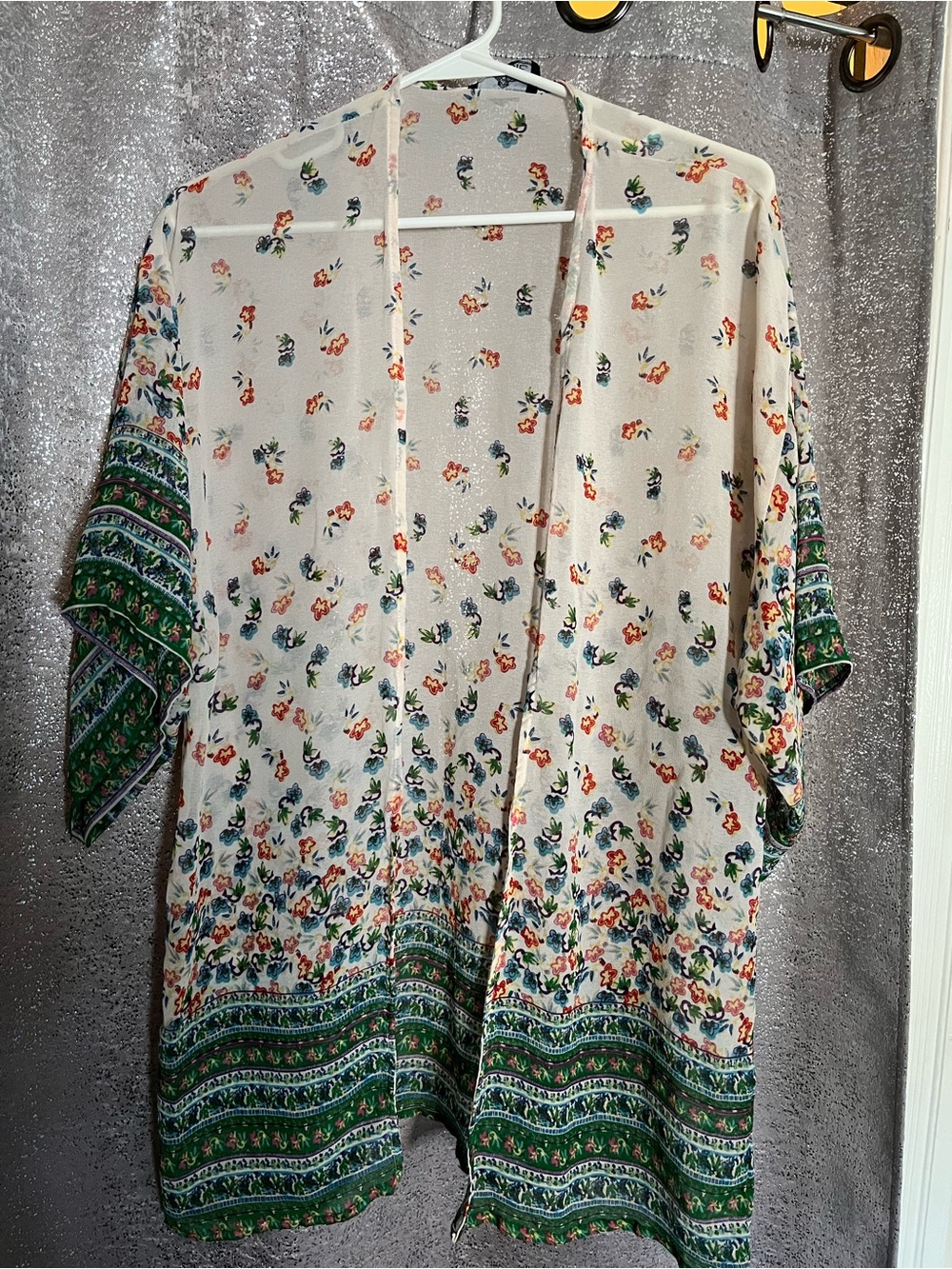 Angie Cream Floral Border Kimono with Green Trim